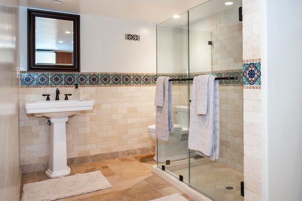 Bathroom, Glass Shower, Interior, Recessed Lighting, Stone Walls