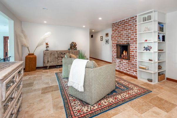 Fireplace, Interior, Recessed Lighting, Stone Walls