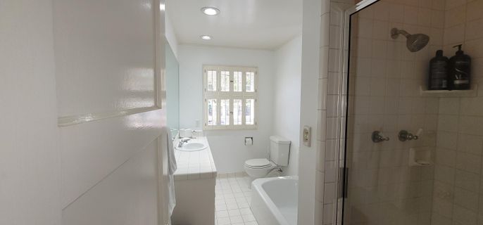 Bathroom, Glass Shower, Interior, Recessed Lighting, Tile Countertops