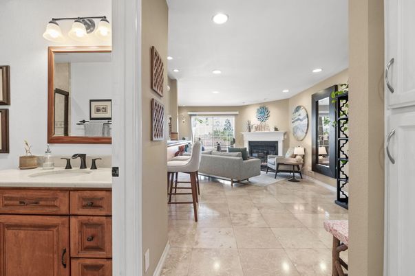 Bathroom, Fireplace, Interior, Living room, Recessed Lighting