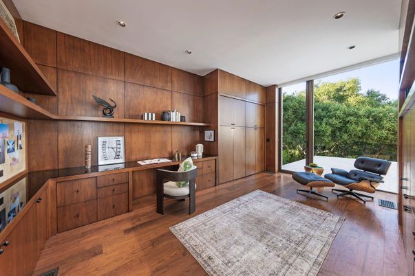Home Office, Interior, Recessed Lighting, Wood Texture Flooring, Wooden Walls