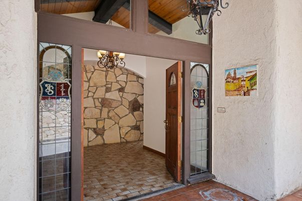 Chandelier, Interior, Stone Walls, Wooden Beams
