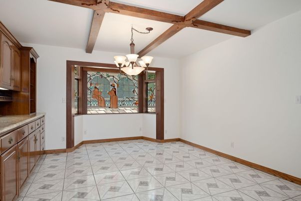Chandelier, Empty room, Interior, Wooden Beams