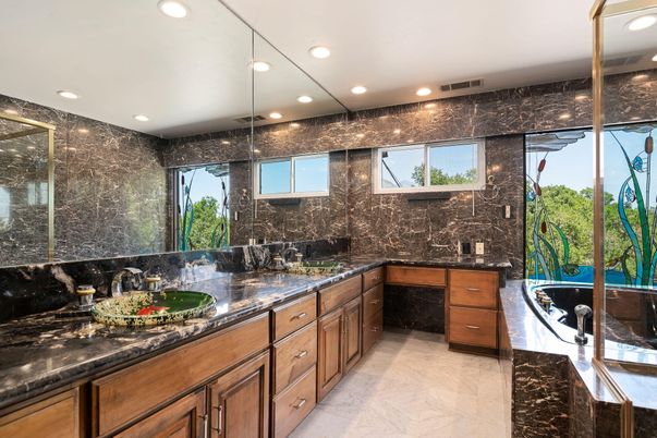 Bathroom, Dual Sink Vanities, Glass Shower, Interior, Marble, Marble Walls, Recessed Lighting