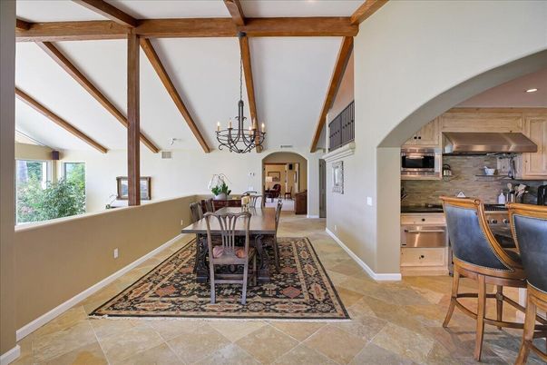 Chandelier, Dining room, Interior, Kitchen, Recessed Lighting, Stainless Steel Appliances, Wooden Beams