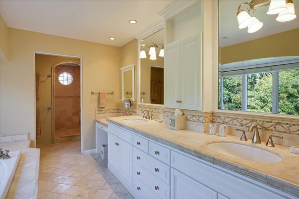Bathroom, Dual Sink Vanities, Interior, Recessed Lighting, Tile Countertops