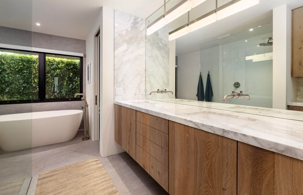 Bathroom, Dual Sink Vanities, Free Standing Baths, Glass Shower, Interior, Marble Walls, Recessed Lighting