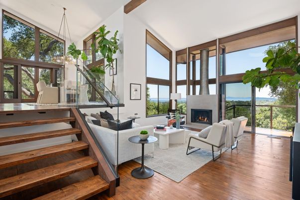 Fireplace, Interior, Living room, Pendant Lights, Water, Wood Texture Flooring