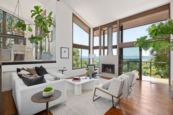 Fireplace, Interior, Living room, Pendant Lights, Water, Wood Texture Flooring