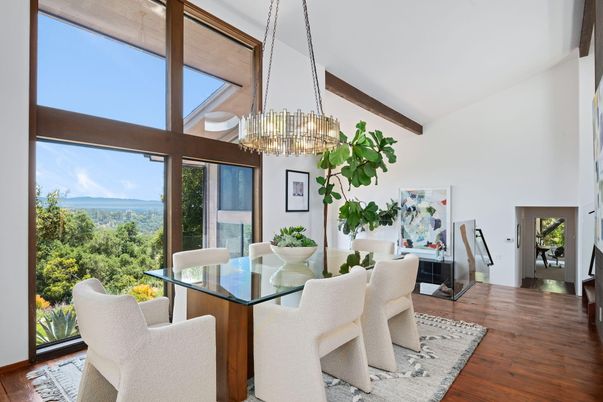 Chandelier, Dining room, Fireplace, Interior, Water, Wooden Beams, Wood Texture Flooring