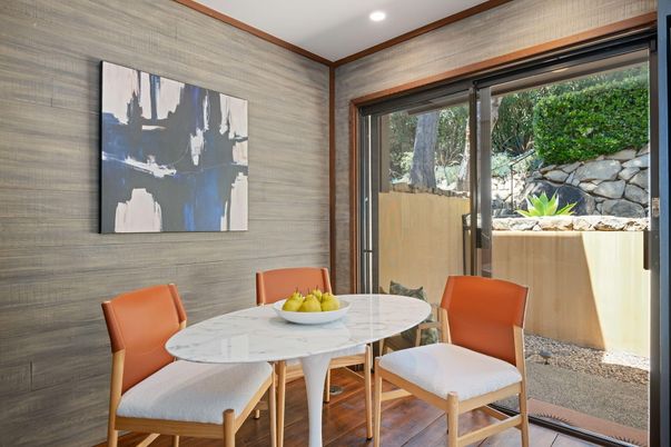 Dining room, Interior, Recessed Lighting, Wood Texture Flooring, Wooden Walls