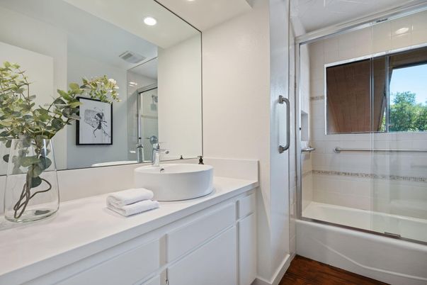 Bathroom, Glass Shower, Interior, Recessed Lighting, Wood Texture Flooring