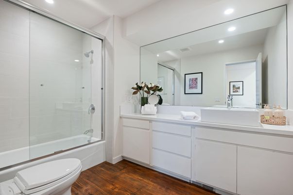 Bathroom, Glass Shower, Interior, Recessed Lighting, Wood Texture Flooring
