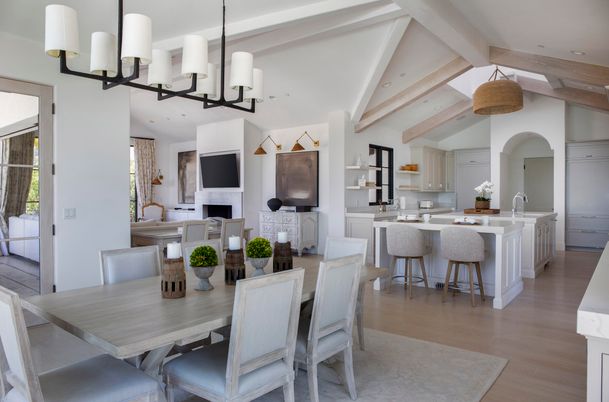 Dining room, Interior, Kitchen, Pendant Lights, Recessed Lighting, Wooden Beams, Wood Texture Flooring