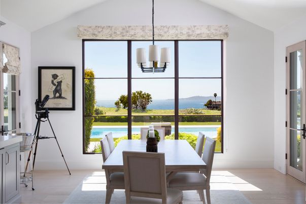 Dining room, Interior, Pendant Lights, Water, Wood Texture Flooring