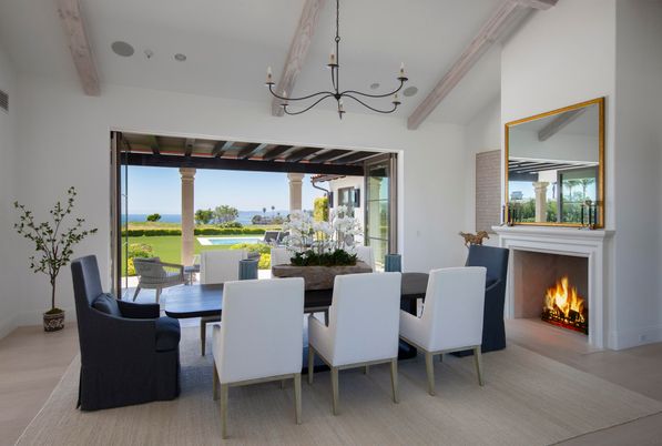 Chandelier, Dining room, Fireplace, Interior, Water, Wooden Beams