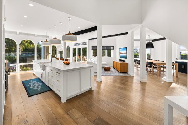 Dining room, Interior, Kitchen, Living room, Pendant Lights, Recessed Lighting, Wood Texture Flooring