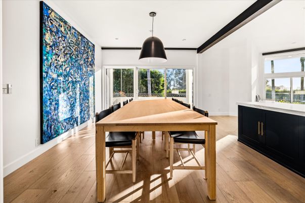 Dining room, Interior, Pendant Lights, Recessed Lighting, Wood Texture Flooring