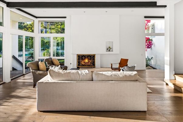 Fireplace, Interior, Living room, Recessed Lighting, Wood Texture Flooring