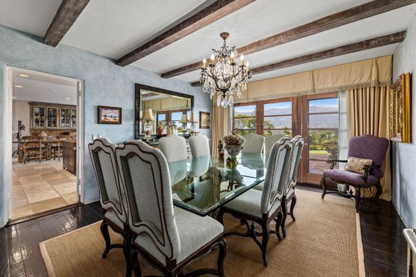 Chandelier, Dining room, Interior, Recessed Lighting, Wooden Beams, Wood Texture Flooring