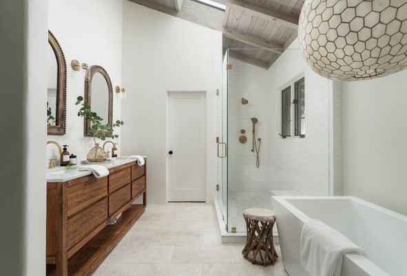 Bathroom, Dual Sink Vanities, Glass Shower, Interior, Wooden Ceilings
