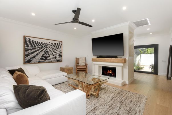 Fireplace, Interior, Living room, Recessed Lighting, Wood Texture Flooring