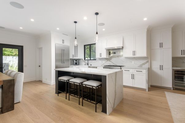 Interior, Kitchen, Marble Walls, Pendant Lights, Recessed Lighting, Stainless Steel Appliances, Wood Texture Flooring