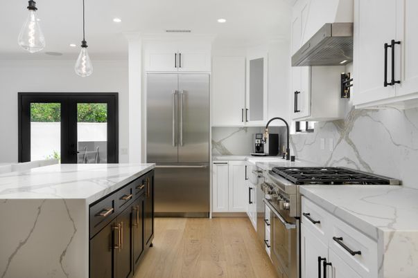 Interior, Kitchen, Marble Walls, Pendant Lights, Recessed Lighting, Stainless Steel Appliances, Wood Texture Flooring