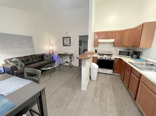 Interior, Kitchen, Living room, Stainless Steel Appliances, Wood Texture Flooring