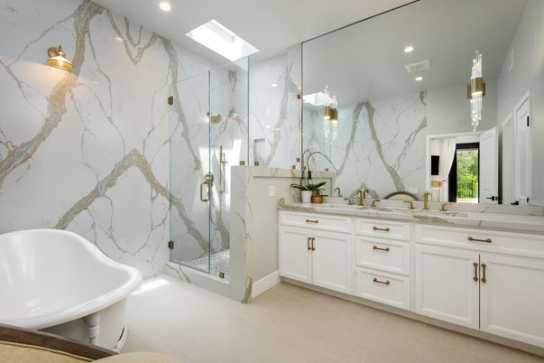Bathroom, Dual Sink Vanities, Glass Shower, Interior, Marble Walls, Recessed Lighting