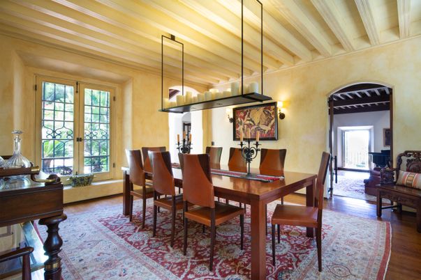 Dining room, Interior, Pendant Lights, Wood Texture Flooring