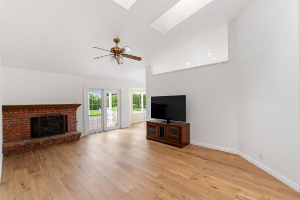 Empty room, Fireplace, Interior, Recessed Lighting, Wood Texture Flooring
