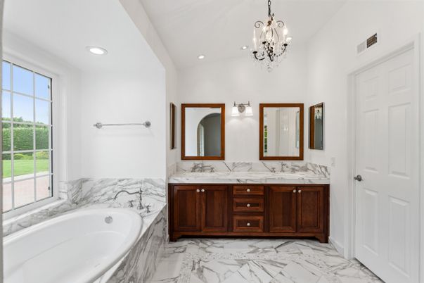 Bathroom, Chandelier, Dual Sink Vanities, Interior, Marble, Recessed Lighting