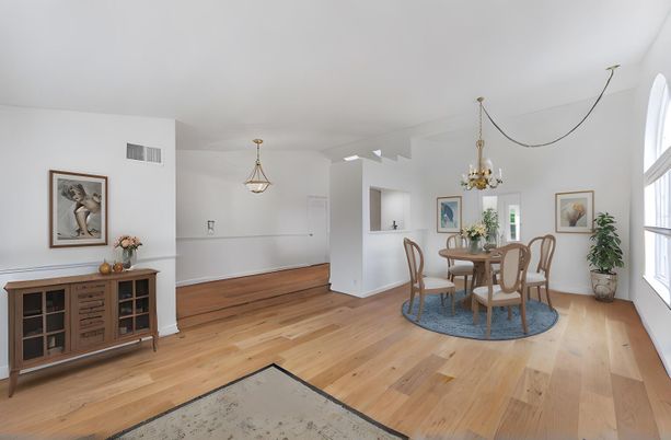 Dining room, Interior, Pendant Lights, Wood Texture Flooring