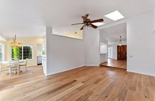 Chandelier, Dining room, Empty room, Interior, Pendant Lights, Recessed Lighting, Wood Texture Flooring
