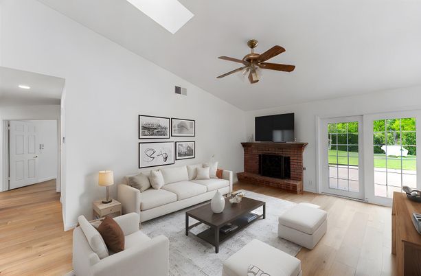 Fireplace, Interior, Living room, Recessed Lighting, Wood Texture Flooring