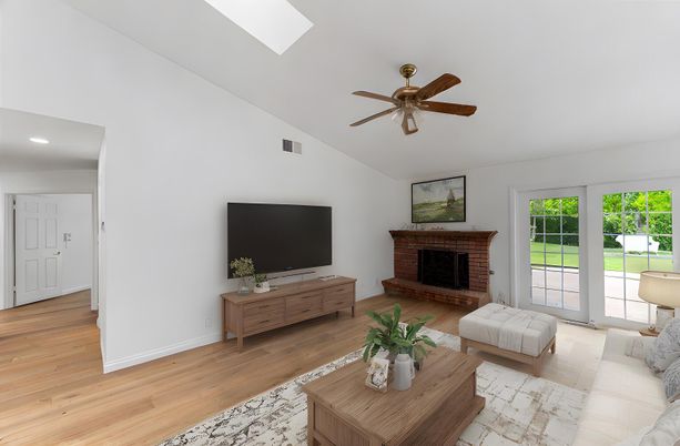 Fireplace, Interior, Living room, Recessed Lighting, Wood Texture Flooring