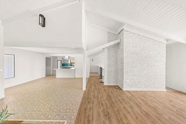 Empty room, Interior, Kitchen, Stone Walls, Wood Texture Flooring