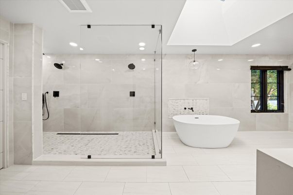 Bathroom, Free Standing Baths, Glass Shower, Interior, Marble Walls, Recessed Lighting