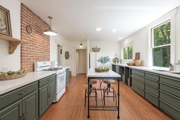 Interior, Kitchen, Pendant Lights, Recessed Lighting, Stone Walls, Wood Texture Flooring