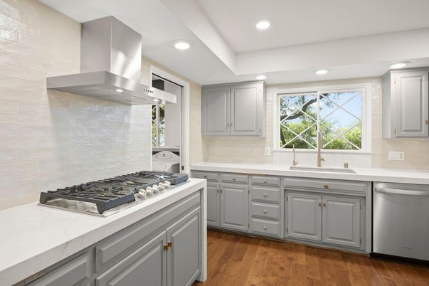 Interior, Kitchen, Recessed Lighting, Stainless Steel Appliances, Wood Texture Flooring