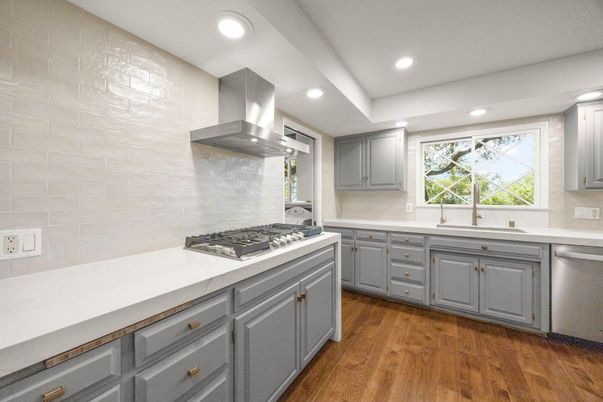 Interior, Kitchen, Recessed Lighting, Stainless Steel Appliances, Wood Texture Flooring