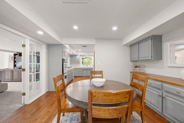 Dining room, Interior, Kitchen, Recessed Lighting, Wood Texture Flooring