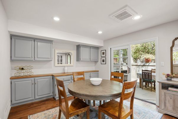 Dining room, Interior, Recessed Lighting, Wood Texture Flooring