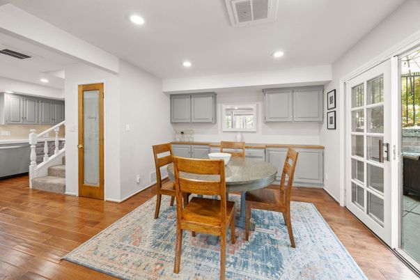 Dining room, Interior, Kitchen, Recessed Lighting, Wood Texture Flooring