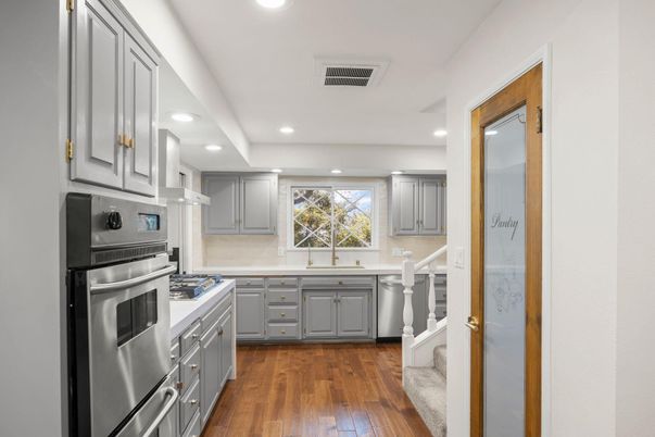 Interior, Kitchen, Recessed Lighting, Stainless Steel Appliances, Wood Texture Flooring