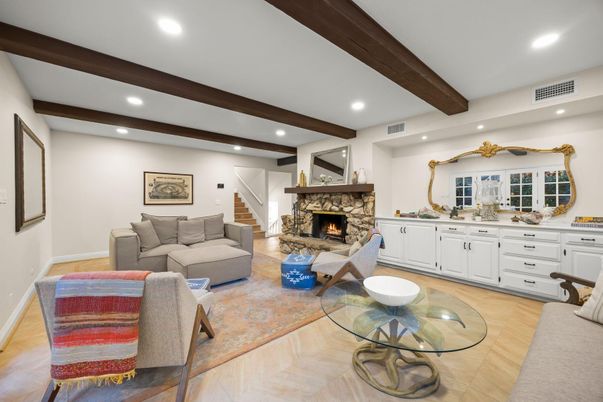 Fireplace, Interior, Living room, Recessed Lighting, Wooden Beams, Wood Texture Flooring