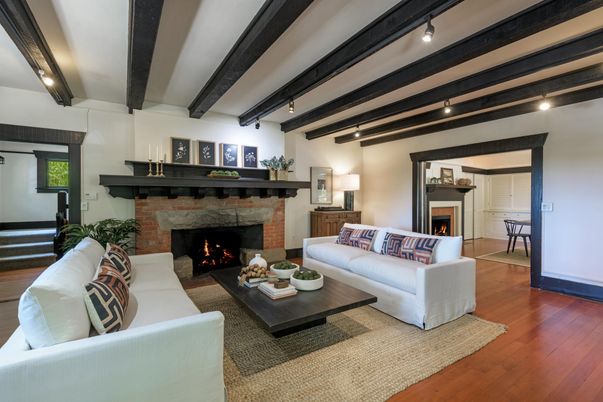 Fireplace, Interior, Living room, Wooden Beams, Wood Texture Flooring