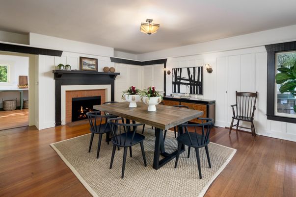 Dining room, Fireplace, Interior, Wood Texture Flooring