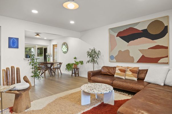 Dining room, Interior, Living room, Recessed Lighting, Wood Texture Flooring
